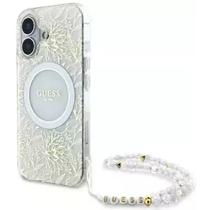 Tok Guess GUHMP16MHCPOFPH iPhone 16 Plus 6.7" white hardcase IML Flowers Allover Electro With Pearl Strap MagSafe (GUHMP16MHCPOFPH) kép