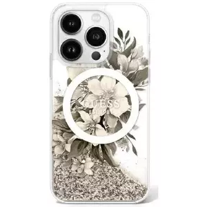 Tok Guess GUHMP16LLFMWTE iPhone 16 Pro 6.3" beige hardcase Liquid Glitter Flower MagSafe (GUHMP16LLFMWTE) kép