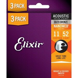 Elixir Nanoweb 80/20 Bronze Custom Light 3-Pack kép