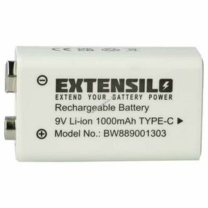 EXTENSILO 9V Block akku USB-C aljzat, 6F22, 6LR61, Li-Ion, 8.4V, 1000mAh + USB-C kábel 1m kép