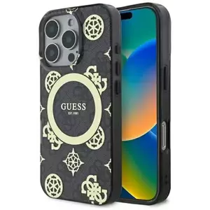 Tok Guess GUHMP16LH4PYEEK iPhone 16 Pro 6.3" black hardcase IML Peony On 4G Background MagSafe (GUHMP16LH4PYEEK) kép