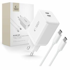 Tech-Protect NC45W GaN hálózati töltő adapter 2x USB-C 45W + kábel USB-C, fehér kép