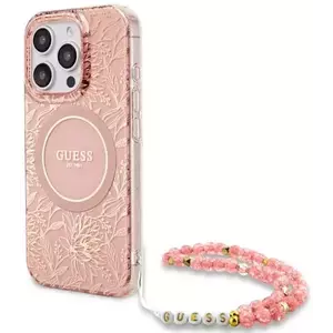 Tok Guess GUHMP16LHCPOFPP iPhone 16 Pro 6.3" pink hardcase IML Flowers Allover Electro With Pearl Strap MagSafe (GUHMP16LHCPOFPP) kép