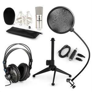 Auna auna CM001S V2 mikrofon szett, fejhallgató, kondenzátor mikrofon, USB adapter, állvány, pop filter, ezüst kép