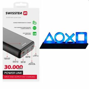 Swissten Power Line powerbanka 30000 mAh 20 W, PD, čierna a Playstation 5 Icons Light USB kép