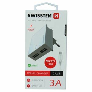 Rýchlonabíjačka Swissten Smart IC 3.A s 2 USB konektormi a dátový kábel USB / Micro USB 1, 2 m, biela kép