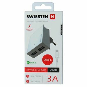 Rýchlonabíjačka Swissten Smart IC 3.A s 2 USB konektormi a dátový kábel USB / USB-C 1, 2 m, biela kép