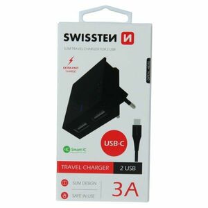 Rýchlonabíjačka Swissten Smart IC 3.A s 2 USB konektormi a dátový kábel USB / USB-C 1, 2 m, čierna kép