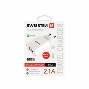 Nabíjačka Swissten Smart IC 2.1A s 2 USB konektormi a dátovým káblom USB/Micro USB, 1, 2 m, biela kép