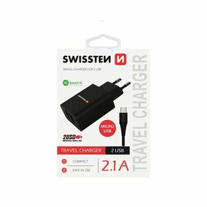 Nabíjačka Swissten Smart IC 2.1A s 2 USB konektormi a dátovým káblom USB/Micro USB, 1, 2 m, čierna kép