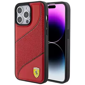 Tok Ferrari FEHCP15XPWAR iPhone 15 Pro Max 6.7" red hardcase Perforated Waves Metal Logo (FEHCP15XPWAR) kép