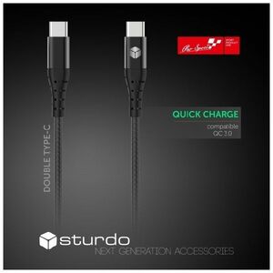 Sturdo Adat-, töltőkábel fonott USB-C/USB-C, 2, 4A, 1m, fekete kép