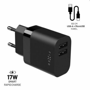 FIXED Set Hálózati töltő 2xUSB kimenettel és USB/micro USB kábellel, 1 m, 17W, Smart Rapid Charge, fekete kép