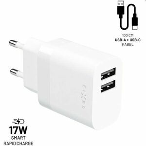 FIXED Set Hálózati töltő 2xUSB kimenettel és USB/USB-C kábellel, 1 m, 17W, Smart Rapid Charge, fehér kép