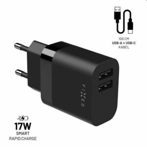 FIXED Set Hálózati töltő 2xUSB kimenettel és USB/USB-C kábellel, 1 m, 17W, Smart Rapid Charge, fekete kép