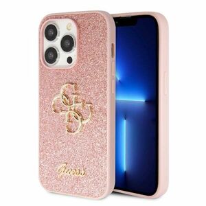 Guess PU Fixed Glitter 4G Metal Logo Hátlapi tok iPhone 15 Pro számára, rózsaszín kép