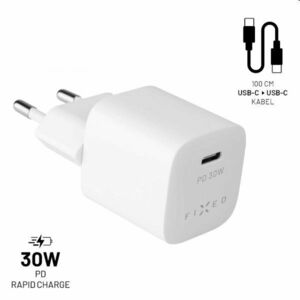 FIXED Set mini Hálózati töltő USB-C kimenettel és USB-C/USB-C kábel 1m, PD, 30W, fehér kép