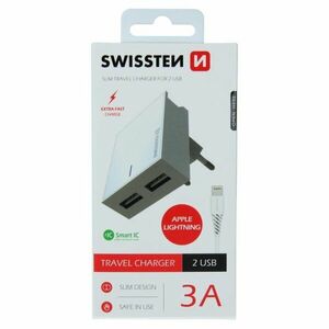 Gyorstöltés Swissten Smart IC 3.A s 2 USB konektorral + Adatkábel USB / Lightning 1, 2 m, fehér kép