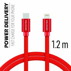 Adatkábel Swissten textil s USB-C + Lightning konnektorral és gyorstöltés támogatással 1, 2 m, piros kép