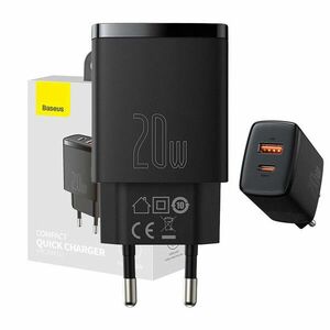 Baseus Compact hálózati töltő USB Type-C / USB-A 20W 3A QC3.0, Fekete kép