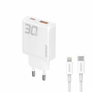 Dudao A30EUL GaN hálózati töltő USB / USB-C 30W + kábel USB-C / Lightning, fehér kép