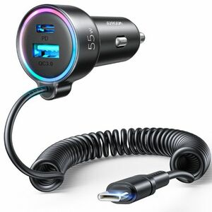 Joyroom 3in1 autós töltő USB / USB-C 55W + vstavaný kábel USB-C, fekete (JR-CL07) kép