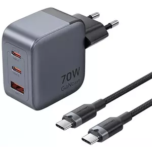 Töltő Vention GaN USB-C+C+A 70W Charger + USB-C-C Cable 1m (Gray) kép