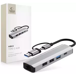 USB Hub TECH-PROTECT HB03 HUB ADAPTER 5IN1 TYPE-C + USB2.0 + USB3.0 + RJ45 SPACE GREY (5906302360567) kép