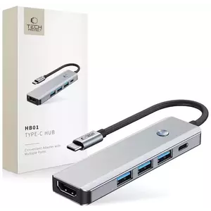 USB Hub TECH-PROTECT HB01 HUB ADAPTER 5IN1 TYPE-C + USB3.0 + HDMI 4K 60HZ + PD100W SPACE GREY (5906302360529) kép