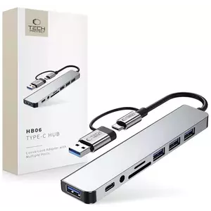 USB Hub TECH-PROTECT HB06 HUB ADAPTER 9IN1 TYPE-C + USB2.0 + USB3.0 + SD/TF + AV3.5 SPACE GREY (5906302360550) kép