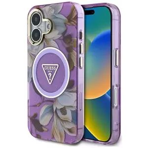 Tok Guess Glitter Flowers Triangle Buttons MagSafe case for iPhone 16 purple (GUHMP16SHFLPEDU) kép