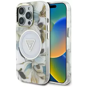 Tok Guess Glitter Flowers Triangle Buttons MagSafe case for iPhone 16 Pro white (GUHMP16LHFLPEDH) kép