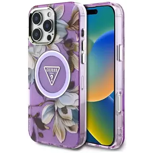 Tok Guess Glitter Flowers Triangle Buttons MagSafe case for iPhone 16 Pro purple (GUHMP16LHFLPEDU) kép