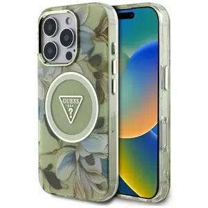 Tok Guess Glitter Flowers Triangle Buttons MagSafe case for iPhone 16 Pro green (GUHMP16LHFLPEDN) kép