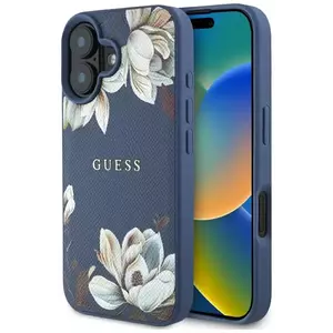 Tok Guess Grained Printed Flower Pattern MagSafe case for iPhone 16 blue (GUHMP16SPGNMPLMB) kép