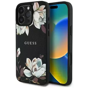 Tok Guess Grained Printed Flower Pattern MagSafe case for iPhone 16 Pro Max black (GUHMP16XPGNMPLMK) kép