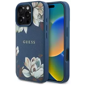 Tok Guess Grained Printed Flower Pattern MagSafe case for iPhone 16 Pro Max blue (GUHMP16XPGNMPLMB) kép