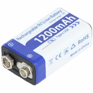 9V 6F22 6LR61 Li-ion Block akku, 1200mAh + USB-C kábel 1m kép