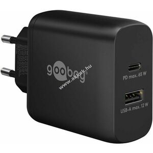 Hálózati USB-C gyorstöltő, 65W, 1db USB-C, 1db USB-A port, fekete - Kiárusítás! kép