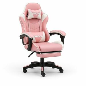 GOBORELAX Gamer szék lábtartóval, masszázsfunkció - fehér-rózsaszín kép