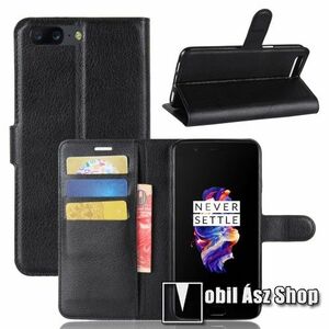 WALLET notesz tok / flip tok - FEKETE - asztali tartó funkciós, oldalra nyíló, rejtett mágneses záródás, bankkártyatartó zseb, szilikon belső - OnePlus 5 kép