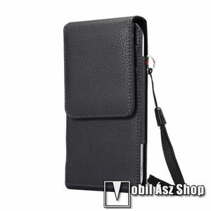 UNIVERZÁLIS álló bőrtok - FEKETE - elforgatható övcsipesz, mágneses patent, csuklópánt, bankkáryatartó, 170 x 85 x 15mm kép