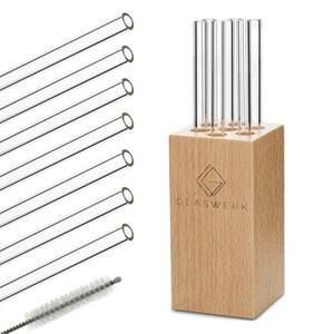 Klarstein Glaswerk Frezzeria, üveg szívószálak, 7 darab, 0, 8 x 15 cm (Ø x M), fa tartó, kefe kép