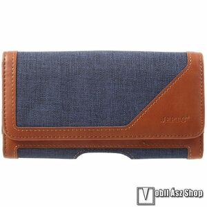 UNIVERZÁLIS fekvő tok - PU bőr / szövet, mágneses záródás, övre fűzhető, övcsipesz, gumis, bankkártyatartó zsebek - 164 x 80 x 14mm - FARMER MINTÁS - KÉK kép