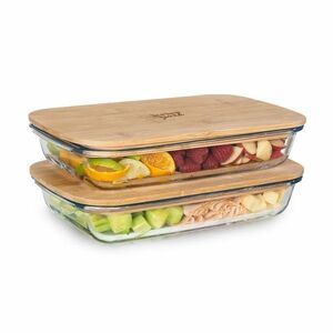 Klarstein Tízórai doboz zárható fedéllel, 1, 6 L, 2 darabos készlet, hőálló, üveg, bambusz kép