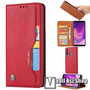 Notesz tok / flip tok - PIROS - asztali tartó funkciós, oldalra nyíló, rejtett mágneses záródás, bankkártya tartó zsebekkel, szilikon belső - SAMSUNG Galaxy A9 (2018) kép