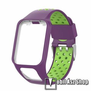 Okosóra szíj - légáteresztő, sportoláshoz, szilikon, 125mm + 92mm hosszú, 24mm széles - LILA / ZÖLD - TomTom Multi-sport Runner 2 / TomTom Multi-sport Runner 3 kép