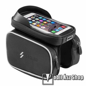 UNIVERZÁLIS biciklis / kerékpáros tartó konzol mobiltelefon készülékekhez - vázra rögzíthető, tépőzáras, levehető cseppálló védő tokos kialakítás, cipzáros oldal táskák, 6" készülékekhez - FEKETE - 180 x 150 x 170 mm kép