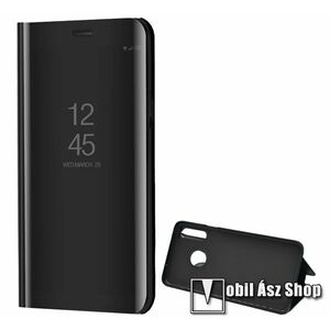 Notesz / flip tok - FEKETE - oldalra nyíló áttetsző tükrös flip cover, asztali tartó funkció, műanyag belső - SAMSUNG Galaxy A20s (SM-A207F) kép