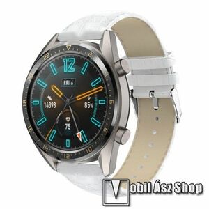 Okosóra szíj - FEHÉR - Krokodilbőr mintás, valódi bőr - 120 + 80mm hosszú, 22mm széles, 140-210mm-es csuklóig ajánlott - SAMSUNG Galaxy Watch 46mm / SAMSUNG Gear S3 Classic / Gear S3 Frontier / Honor MagicWatch 2 46mm kép